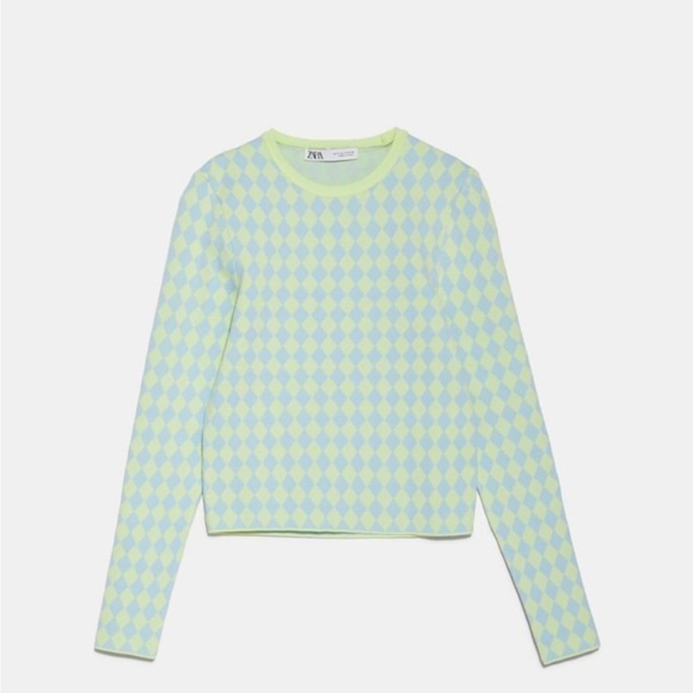 Zara Blue and Green Diamond Pattern Sweater
